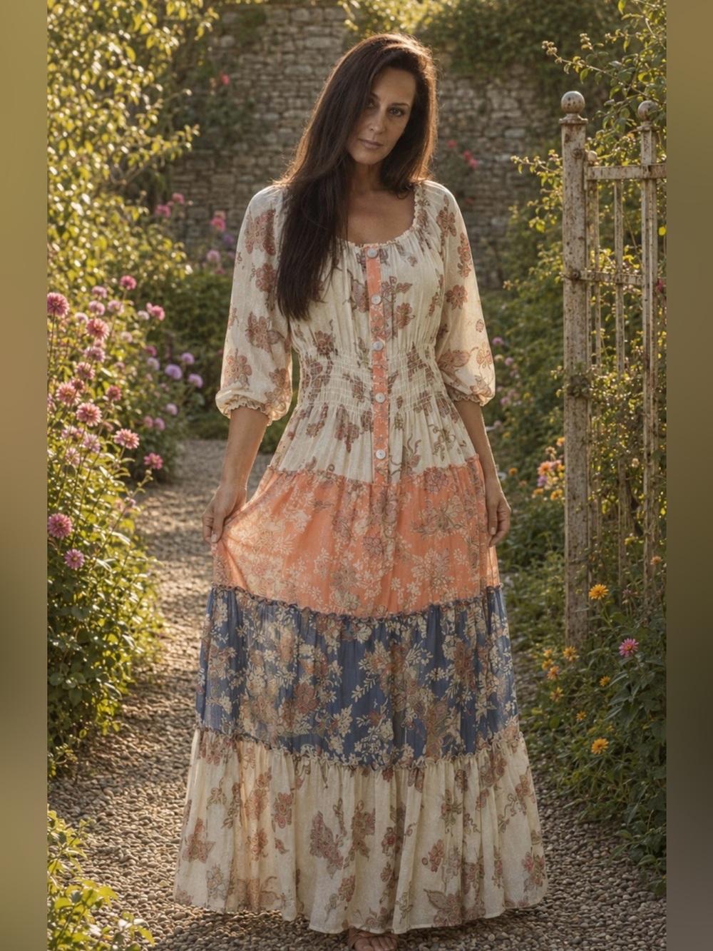 NWT Fig & Flower Botanical Butterfly Smocked Tiered Boho Maxi Dress L